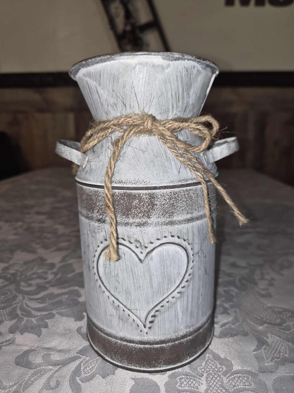 Rustic White Heart Milk Can Vase with Jute Bow Galvanized
